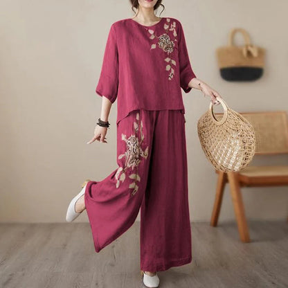 Set GRETA da due pezzi in cotone e lino ricamato in stile vintage