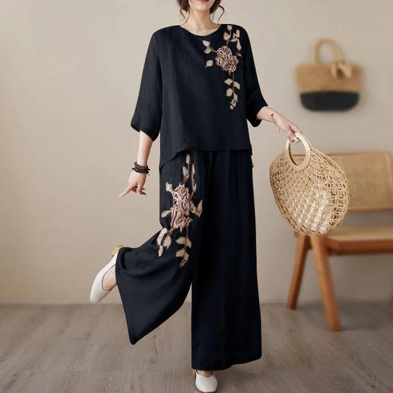 Set GRETA da due pezzi in cotone e lino ricamato in stile vintage