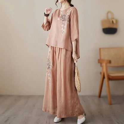 Set GRETA da due pezzi in cotone e lino ricamato in stile vintage