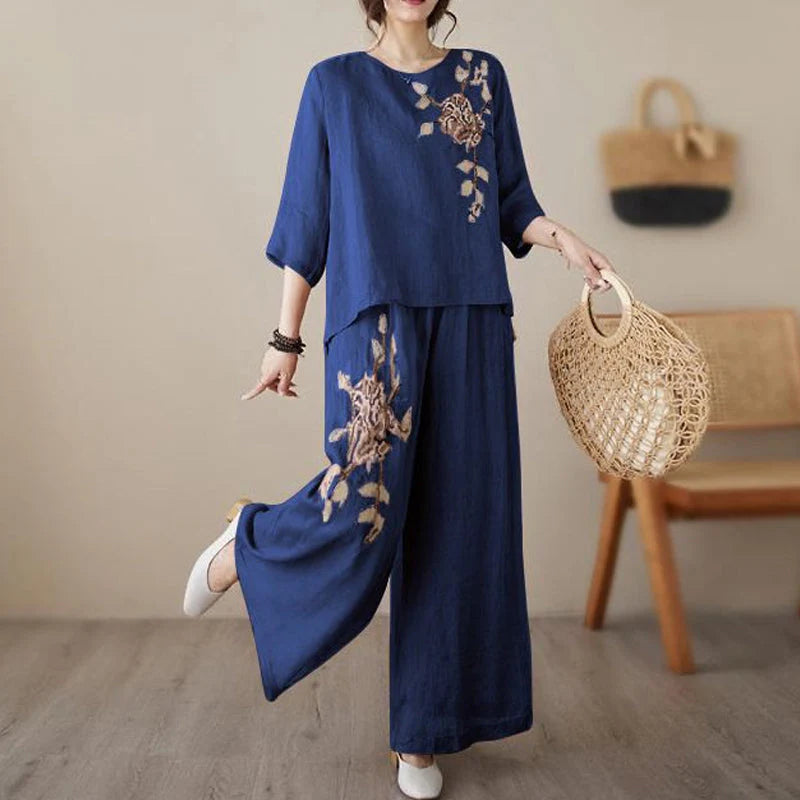 Set GRETA da due pezzi in cotone e lino ricamato in stile vintage